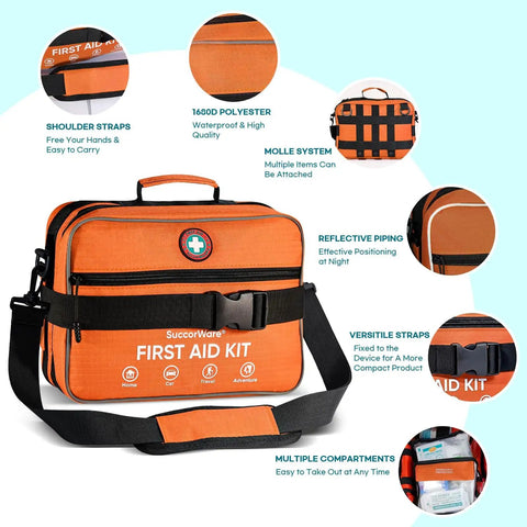 Front view of orange 435 Piece First Aid Kit With CPR Essentials And Gauze Grab And Go Ready With Organized Compartments