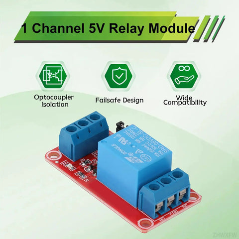 1 Channel 5V Relay Module with Optocoupler Isolation on red circuit board, showing connection points and design features.