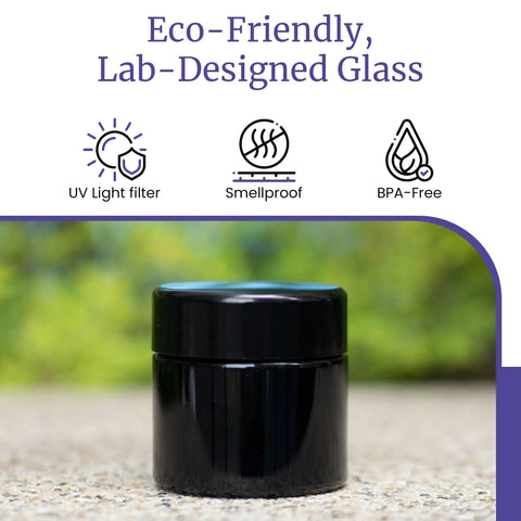 Top Tier Tall Black Glass Storage Vessel With Ultraviolet Filtering Glass To Block Harmful Rays While Providing Lock Tight Seals.