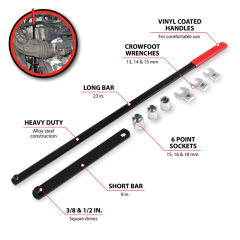 Eight Piece Long Handle Serpentine Belt Tool Kit Pro Grade For Spring Loaded Idler Pulleys With Crowfoot Wrenches And Sockets layout