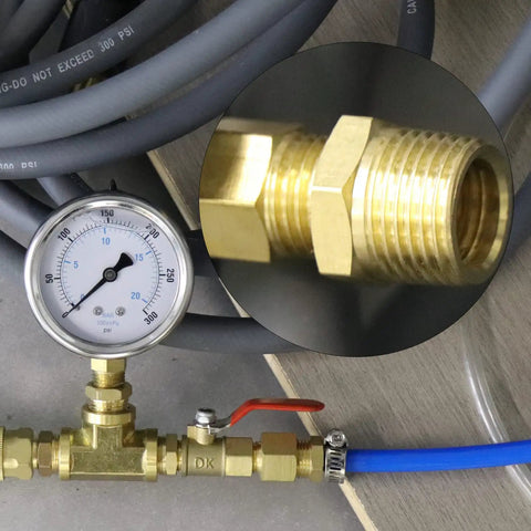 Ten Piece Brass Hex Bushing Reducer 1/2 Inch NPT Male To 1/4 Inch NPT Female Pipe Fitting connected to water line