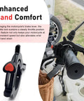 Heavy Duty Motorcycle Throttle Lock With Anti Slip Cushion Grip That Provides Dead Simple Cruise Control For Chill Highway Rolling On Street Bikes Scooters And E Bikes To Spare Your Wrists, shown installed on motorcycle handlebar.