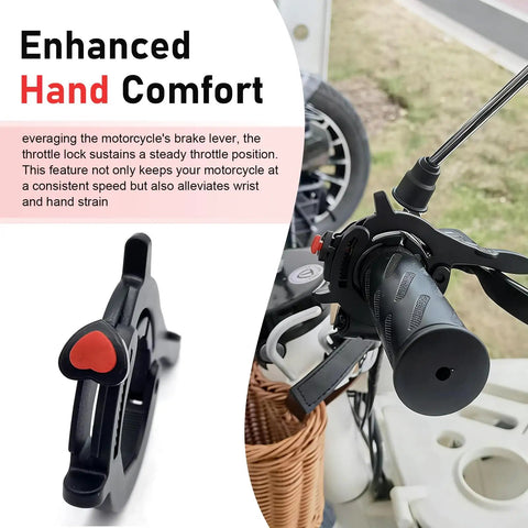 Heavy Duty Motorcycle Throttle Lock With Anti Slip Cushion Grip That Provides Dead Simple Cruise Control For Chill Highway Rolling On Street Bikes Scooters And E Bikes To Spare Your Wrists, shown installed on motorcycle handlebar.