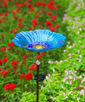 Solar Glass Blue Bird Bath On Metal Stake With White LED Light, Outdoor Garden Birdbath Yard Art Decor, flower and grass backdrop