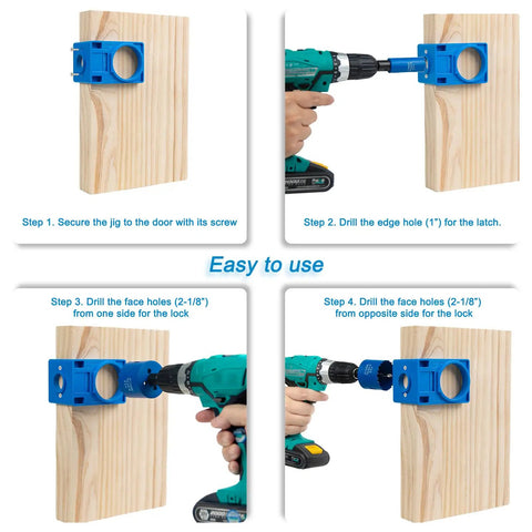 Pro Grade Door Lock Installation Kit With No Sweat Adjustable Guide Jig And Dual Hole Saw Set Plus Hex Key drilling steps on wood.
