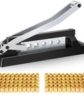 Heavy Duty Ferrule Crimping Tool For Air Hose Repair Kit With Five Dies And 100 Ferrules, black and silver, with brass ferrules.