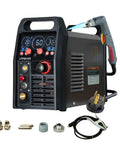 60 Amp Plasma Cutter With Drag Cut Control setup showing control panel, torch, and accessories with dual voltage capability