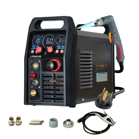 60 Amp Plasma Cutter With Drag Cut Control setup showing control panel, torch, and accessories with dual voltage capability