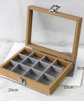 Premium Solid Wood Stackable Jewelry Tray Featuring 12 Grids For Earrings And Trinkets Pro Grade Display Organizer Box open, showing 12 compartments.