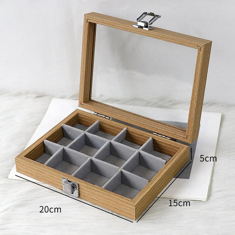 Premium Solid Wood Stackable Jewelry Tray Featuring 12 Grids For Earrings And Trinkets Pro Grade Display Organizer Box open, showing 12 compartments.