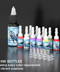 Colorful ink bottles and cups from All-In-One Tattoo Pen Kit For Beginners With 2 Batteries, 20 Cartridge Needles, Practice Skins, 40 Ink Cups.