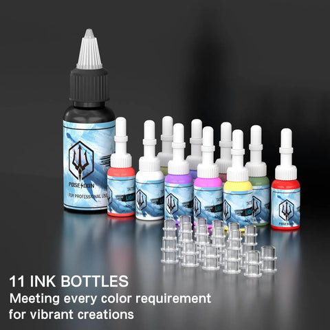 Colorful ink bottles and cups from All-In-One Tattoo Pen Kit For Beginners With 2 Batteries, 20 Cartridge Needles, Practice Skins, 40 Ink Cups.