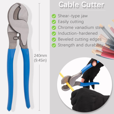 Heavy Duty Battery Lug Crimp Tool With Cable Cutter And 12 Copper Lugs Set, showing blue-handled cable cutter cutting wire