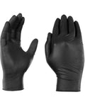 Heavy Duty Black Nitrile Disposable Gloves 4 Mil Thick X Large 100 Count Food Safe Texture Super Soft Feel showing both hands.