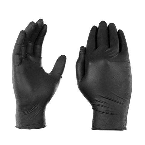 Heavy Duty Black Nitrile Disposable Gloves 4 Mil Thick X Large 100 Count Food Safe Texture Super Soft Feel showing both hands.