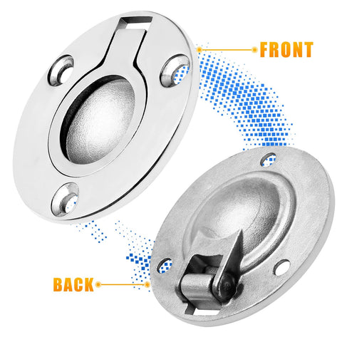 Front and back view of Round Flush Pull Ring Handle 316 Stainless Steel Recessed Pull for Boat Hatch Latch and Furniture Doors