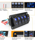 4 Gang IP68 Waterproof Rocker Switch Panel For Boats And RVs With DC 12-24V LED Digital Voltmeter And Dual USB QC 3.0 Type C Fast Charging Prewired Toggle Panel For Cars Marine Trucks Blue, black aluminum