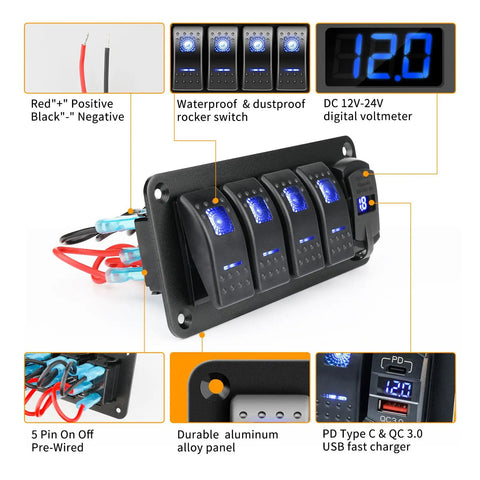 4 Gang IP68 Waterproof Rocker Switch Panel For Boats And RVs With DC 12-24V LED Digital Voltmeter And Dual USB QC 3.0 Type C Fast Charging Prewired Toggle Panel For Cars Marine Trucks Blue, black aluminum