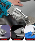 Cordless Brushless Metal Shear 18V Tool Only For Heavy Duty Cutting Metal Iron Stainless Steel Carpet And Cardboard Variable Speed No Cord Hassle Battery Not Included, showing cutting attachments and use on materials like leather and steel tile