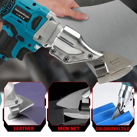 Cordless Brushless Metal Shear 18V Tool Only For Heavy Duty Cutting Metal Iron Stainless Steel Carpet And Cardboard Variable Speed No Cord Hassle Battery Not Included, showing cutting attachments and use on materials like leather and steel tile
