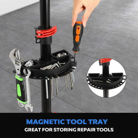 Floor Bike Repair Stand With Height Adjustable Arm And Tool Tray For Road And Mountain Bikes, Magnetic tool tray detail.