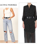 Badass Punk Grommet Leather Belt With Detachable Silver Chain Unisex Adjustable Waist Strap For Ripped Jeans Streetwear Flex and Everyday Rocker Vibes Style worn with ripped jeans and a dress.