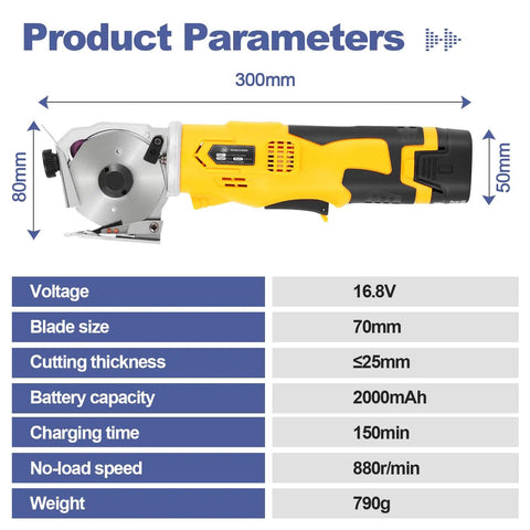 Heavy Duty Cordless Electric Scissors With Safety Switch For Cutting Cardboard Boxes, showing dimensions and blade specs.