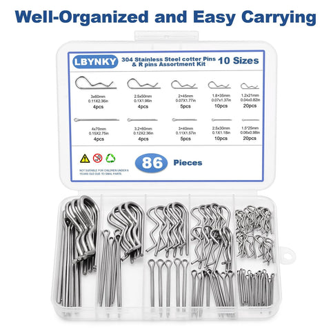LBYNKY 86-piece stainless steel cotter pin and R-clip set in plastic case, 10 sizes