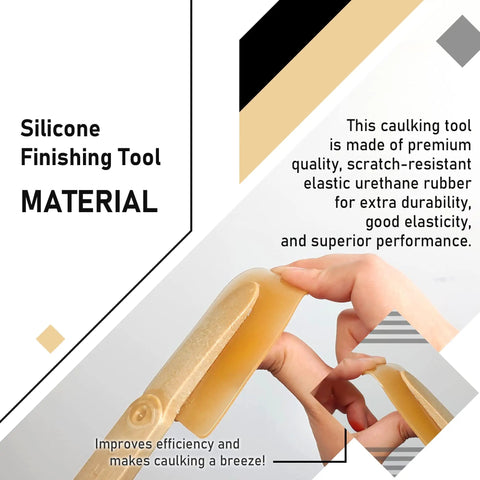 Hands holding Pro Grade Silicone Caulking Tool Set Five Size Kit For Smoothing Caulk Bead with flexible rubber tip.
