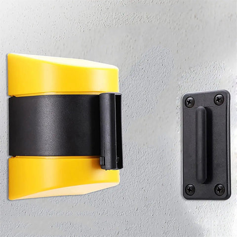 Heavy Duty 10 Meter Retractable Belt Barrier Wall Mount Crowd Control Divider For Restricted Area Security with yellow and black design.