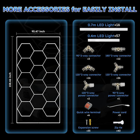 Hexagon LED Garage Lights With Honeycomb Design, 14 Grid Hex Light Set In Rectangle Frame, accessory kit shown