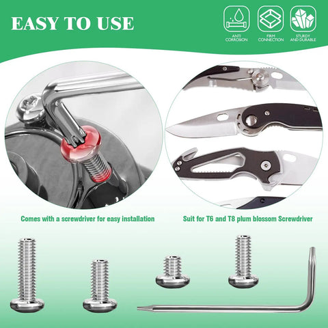121 Piece 304 Stainless Steel Pocket Blade Knife Handle Screws Assortment Set Including M2 And M2.5 Machine Screws EDC Folding Hilt Fasteners Knifemakers Rivets For DIY Repair Torx Driver Included shown with knives and screws.