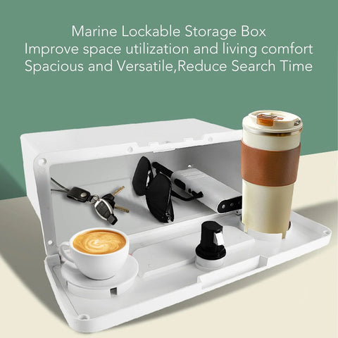 Banapoy white marine glove box storage with lockable lid and cup holder, open view showing keys and sunglasses