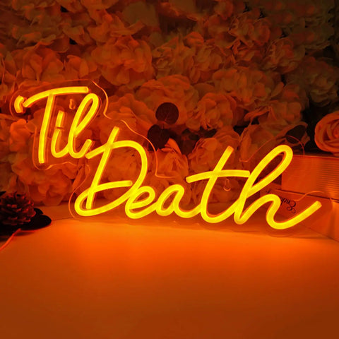 Til Death Neon Light Sign USB Powered LED Decor For Halloween Weddings Parties And Bridal Showers 17 Inch Orange Bedroom Wall Decor With On Off Switch 5V Dope Vibe glowing on orange background