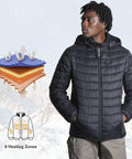 Person wearing Lightweight Heated Jacket With 12V Power Bank, Six Zone Carbon Fiber Heating, showing zones and nylon material.