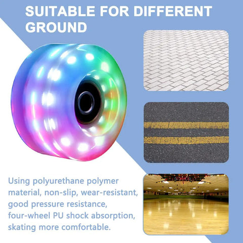 8 Pack Light Up Roller Skate Wheels With Preinstalled Bearings for Double Row Skating shown on various surfaces