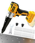 Heavy Duty Cordless Rivet Gun Compatible With DeWalt 20V Battery Tool Only, shown with rivets and metal, ideal for auto body work.