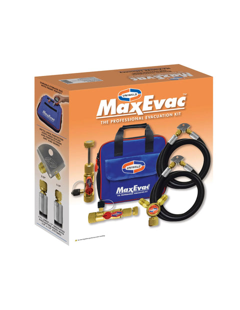 Front view of Uniweld MaxEvac Pro 1/2-inch hose evacuation kit box with blue carrying case and hoses.