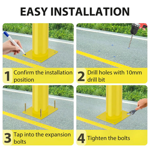 Installation steps for Built Tough Heavy Duty Steel Safety Bollard Post with 42 inch height and rust proof finish.
