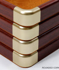 Close-up of rounded corners of Slick Top Tier Jewelry Display Tray With Heavy Duty Wood Frame And Soft Fabric Lining No Sweat 24 Grid Stackable Organizer For Rings Earrings Necklaces Retail Ready Storage Case Black.
