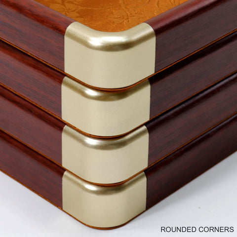 Close-up of rounded corners of Slick Top Tier Jewelry Display Tray With Heavy Duty Wood Frame And Soft Fabric Lining No Sweat 24 Grid Stackable Organizer For Rings Earrings Necklaces Retail Ready Storage Case Black.