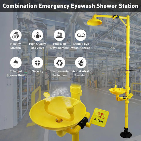 Emergency Shower Eyewash Station Kit for Industrial and Lab Use, OSHA Approved, ABS Construction, Dual Nozzle Eye Wash System