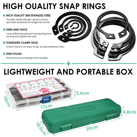 4 Piece Snap Ring Pliers With 500 C Clip Retaining Rings Set in portable box showing dimensions and ring details
