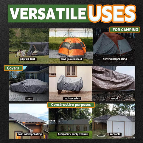 Multiple uses of 10x12 Feet Beefy Heavy Duty Waterproof Poly Tarp Cover With Metal Grommets And Reinforced Edges for outdoor applications