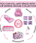 Collage featuring Minnie Mouse collection with wall art, seating, sleeping bag, lamp, and toy organizer.