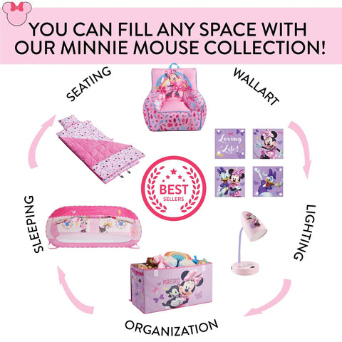 Collage featuring Minnie Mouse collection with wall art, seating, sleeping bag, lamp, and toy organizer.