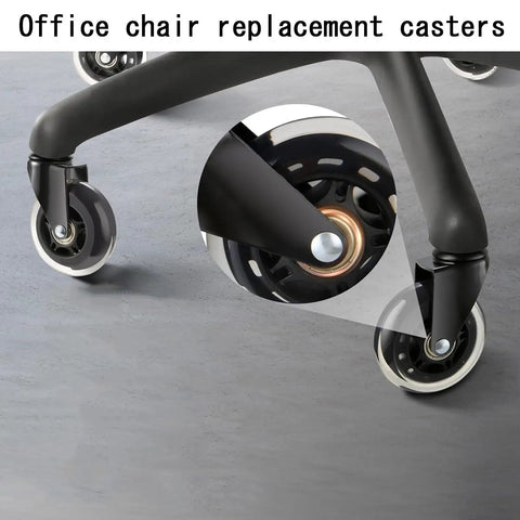 Top Notch Office Chair Caster Wheels Replacement Rubber Casters Drop Straight In Smooth As Butter Heavy Duty Floor Safe Rollers Clean Upgrade For Gaming Desk Chairs Set Of Five close-up view of black rubber casters on an office chair