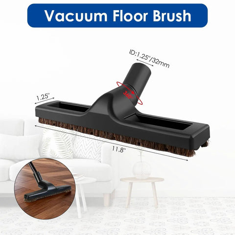 11 Pc Universal Vacuum Attachments Kit For Wet Dry Vac Accessories with floor brush, dimensions, and usage on wood floor