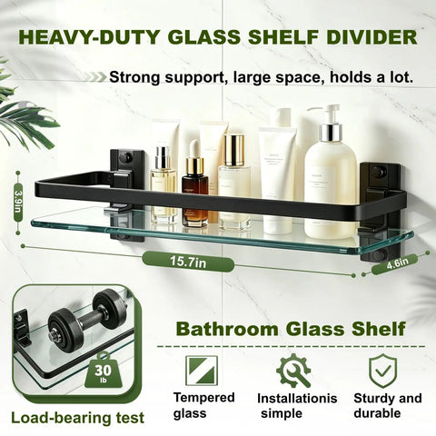 Three Pack Bathroom Glass Shelf Organizer Wall Mount Extra Thick 0.34 Inch Tempered Glass With Aluminum Frame Black Finish