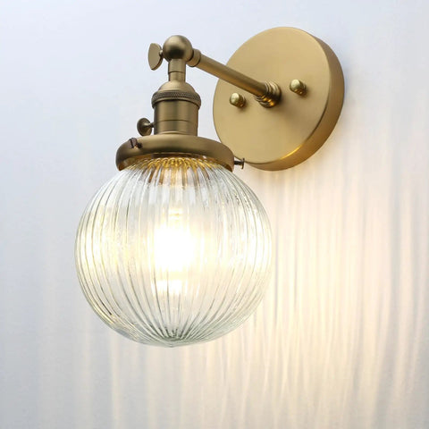 Vintage Industrial Wall Sconce Lighting Fixture With Five Point Nine Inch Round Clear Ribbed Glass Globe Antique Brass Gold Finish E26 Base 60W Max 110-120V Dimmable With LED CFL Halogen Incandescent Bulbs Hallway Living Room.